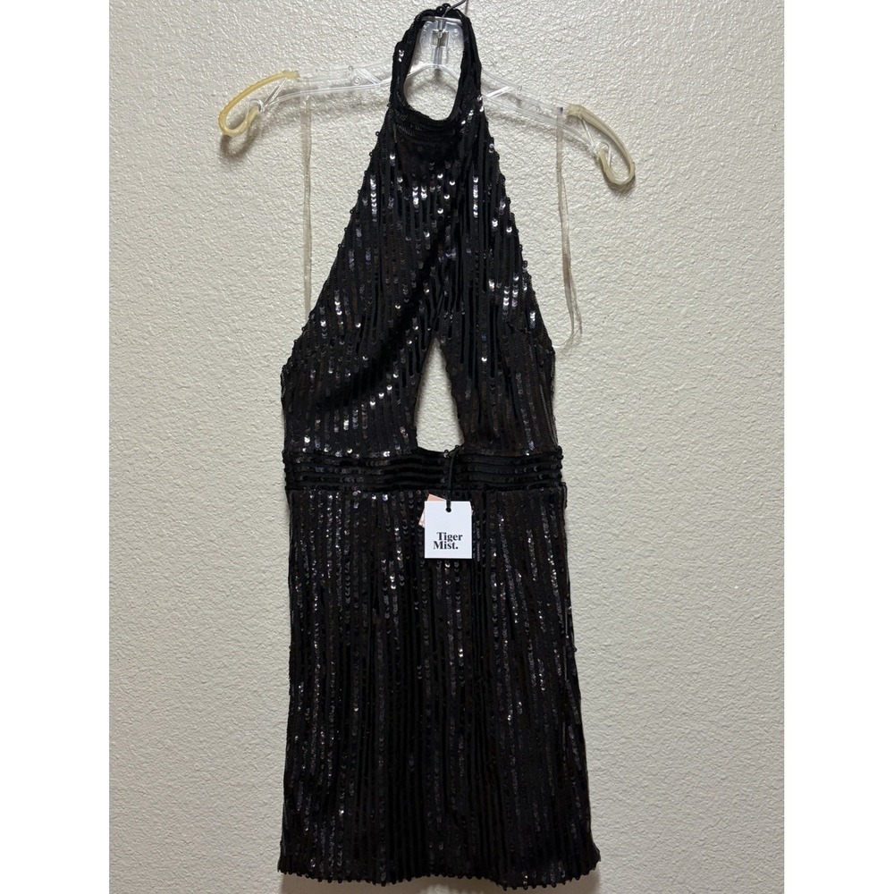 Tiger Mist Black Sequin Mesh Halter Open Back Lined Mini Dress Zip XS